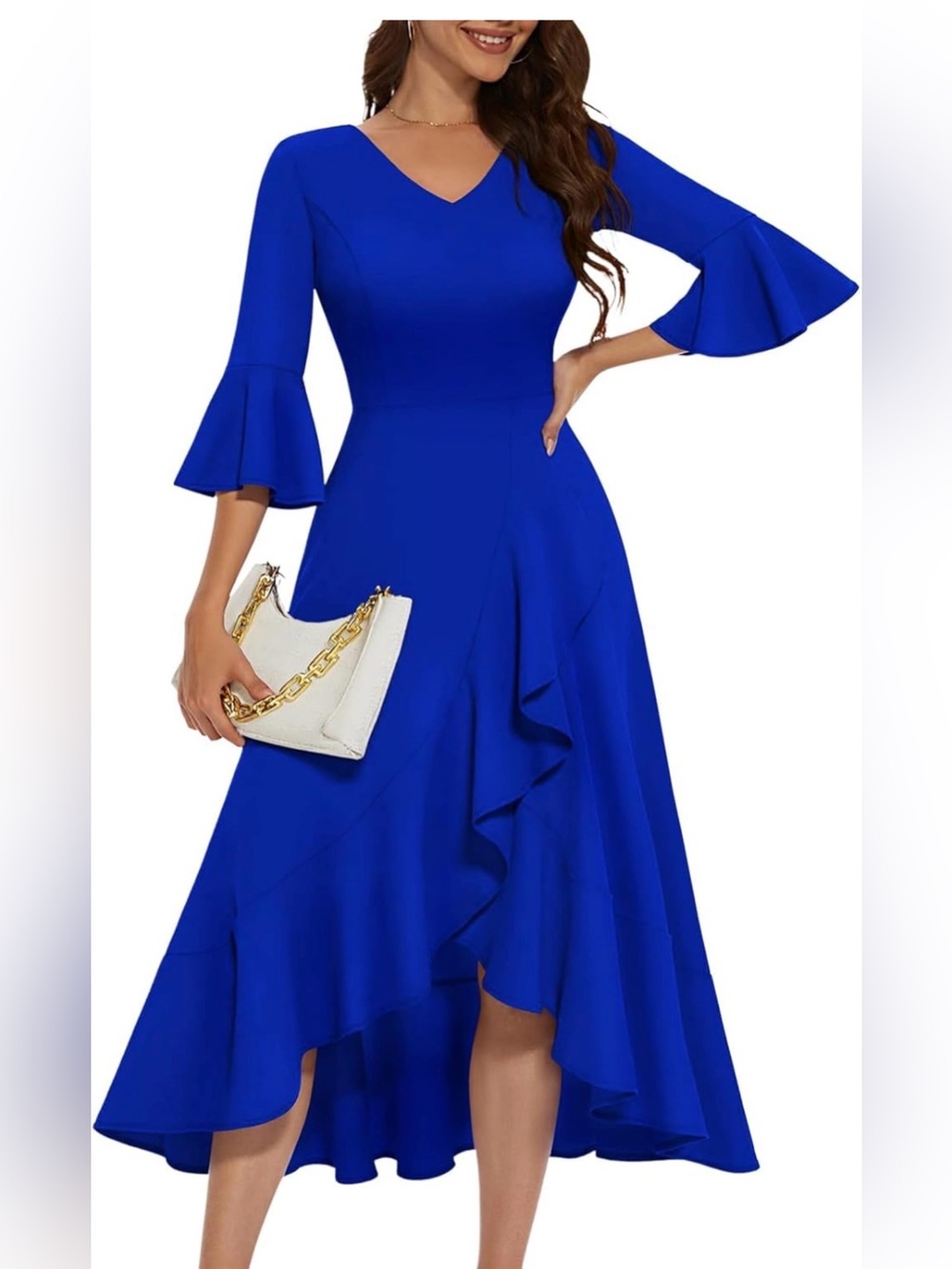 NWOT Elegant Royal Blue V-Neck High-Low Ruffle Dress, XL